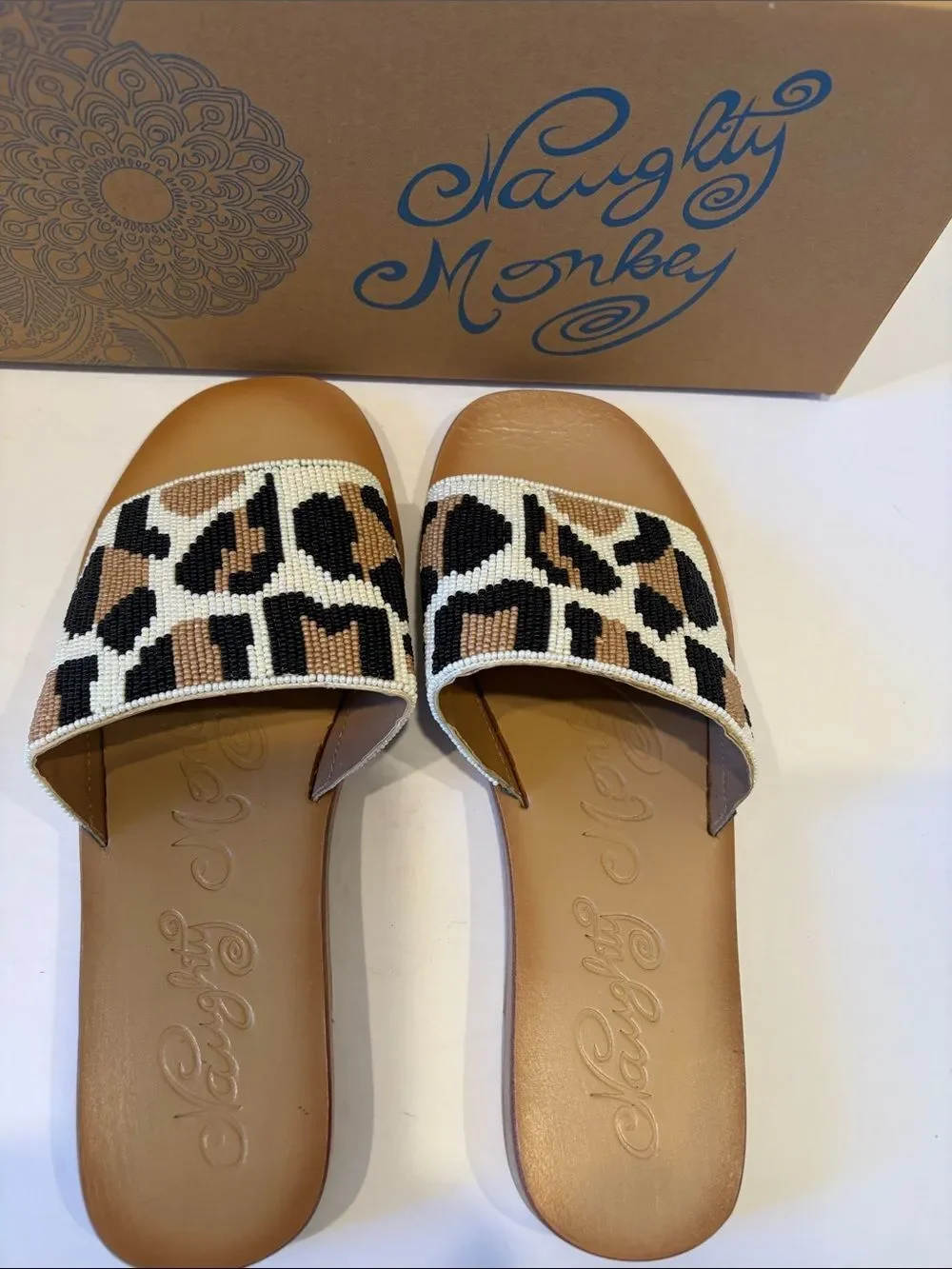 naughty monkey Leopard Beaded Slide Sandals in Brown and Black
